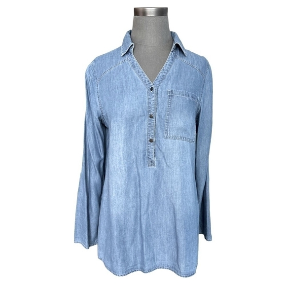 Women Shirt MASSINI Denim Mid Wash Jeans Top Long Sleeve Half Button Front Shirt - Picture 3 of 8